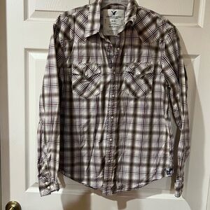 American Eagle Outfitters Men's Checkered Shirt - Brown and White